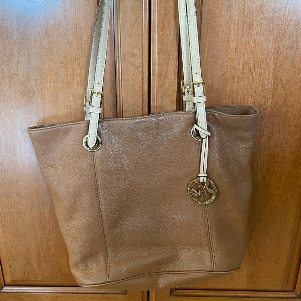 Michael Kors Brown Pebbled Leather Tote with Cream Straps